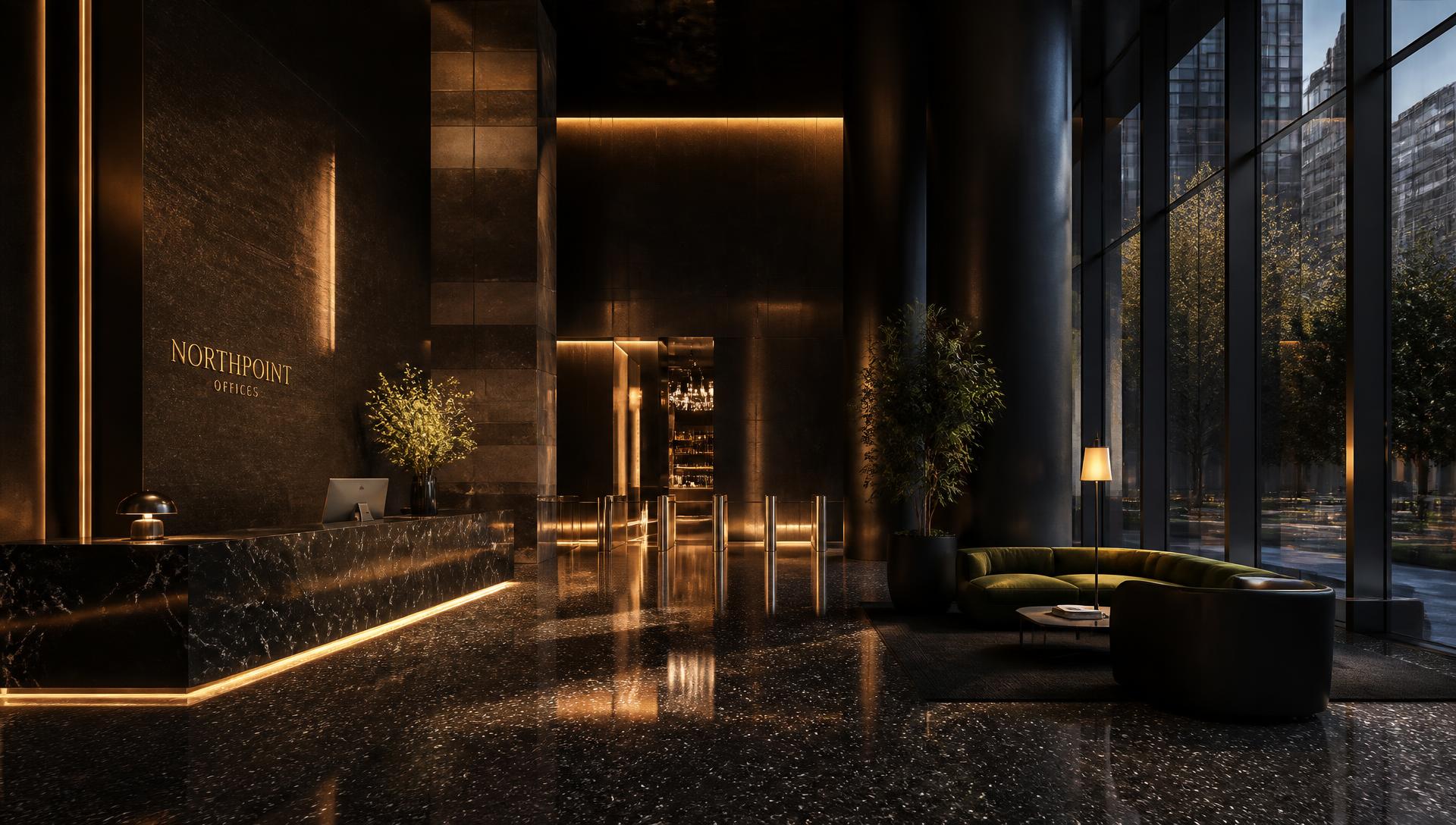 Luxury commercial lobby with polished terrazzo flooring